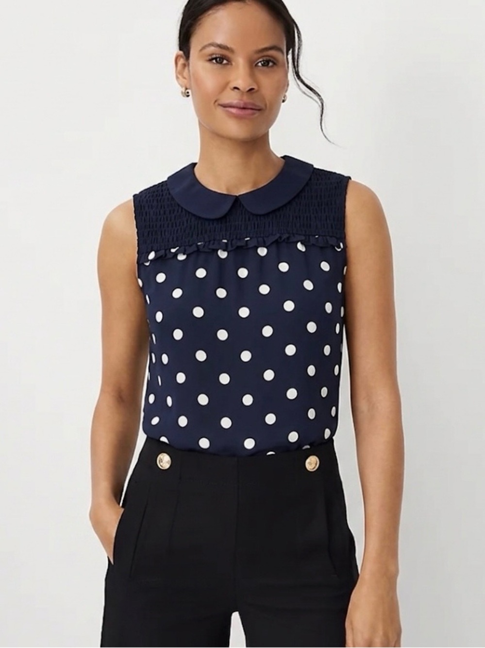 Tommy Hilfiger Black Polka Dot Smocked Sleeveless Top S Preppy Quiet Luxury